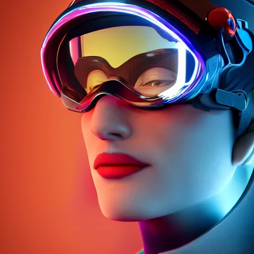 Prompt: stunning portrait of young smirking explorer wearing a cyberpunk headpiece with a translucent orange visor, octane render, very colourful, vibrant, amazing details, by gouuie