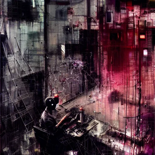 Image similar to a man lost in a cyberpunk noir glitchcore world of wires, and machines, by jeremy mann, francis bacon and agnes cecile, and dave mckean ink drips, paint smears, digital glitches glitchart