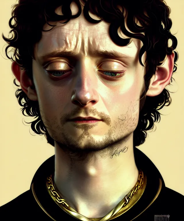 Prompt: a detailed fifty mm portrait of elijah wood as frodo hobbit in a black adidas track suit with white stripes, gold chains, headshot, highly detailed, digital painting, artstation, concept art, sharp focus, cinematic lighting, illustration, art by met mangindaan, artgerm and greg rutkowski, alphonse mucha, cgsociety - no cameron
