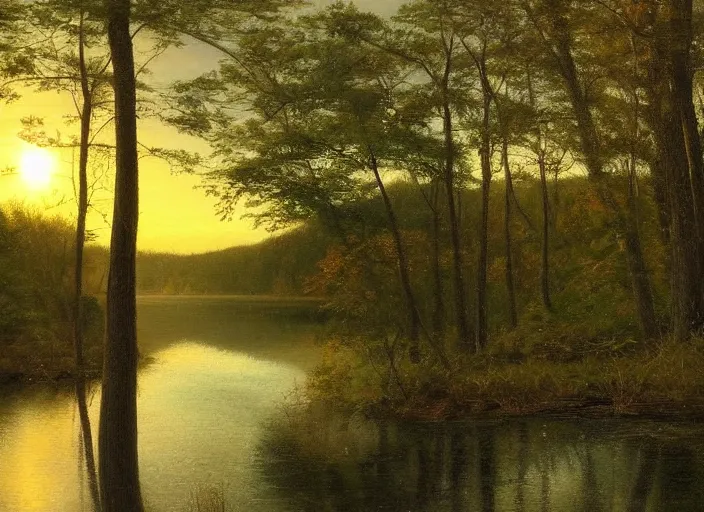 Image similar to the sun is setting over the water in the woods, painted by ralph burke tyree, pinterest, hudson river school, high dynamic range, flickering light, hdr