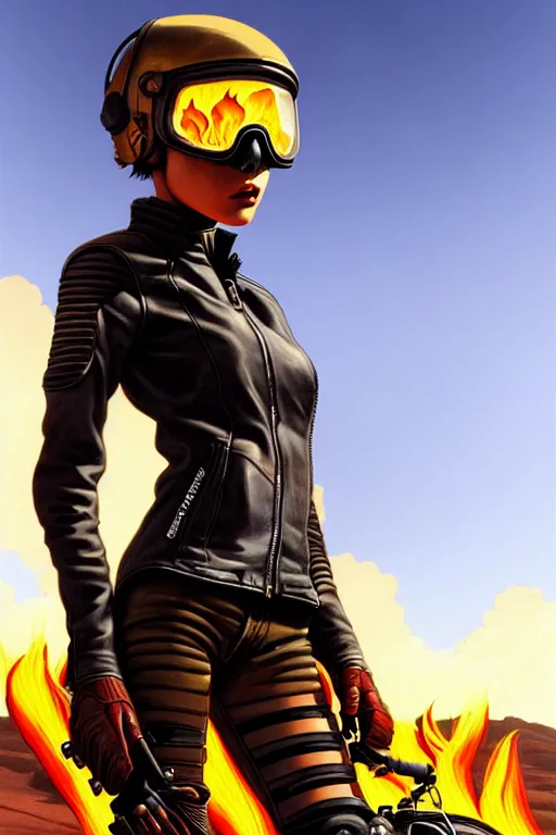 Image similar to a ultradetailed beautiful panting of post apocalyptic woman with motorbike in leather jacket with helmet in front of burning desert, anatomically correct, by ilya kuvshinov, greg rutkowski and makoto shinkai, trending on artstation