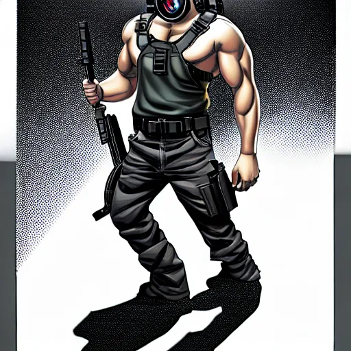 Image similar to muscular man, black vest with no shirt underneath, goggles around his neck, cargo pants, ammo belt, holding a blaster, long black hair in a ponytail, five o' clock shadow, comic book art, full body shot