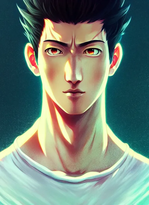 Image similar to handsome saitama, avatar ang, half body shot, path traced, highly detailed, high quality, digital painting, alena aenami, lilia alvarado, shinji aramaki, karol bak, alphonse mucha, tom bagshaw