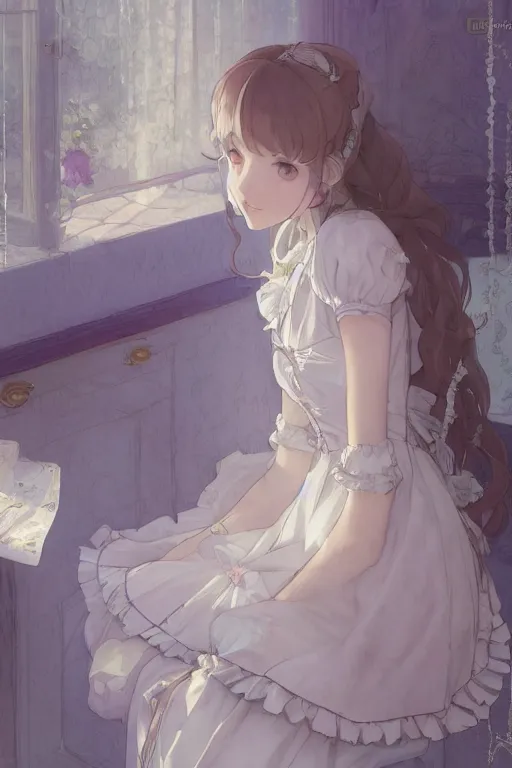 Prompt: a young lolita dressed girl in a maid's outfit in the bedroom typing front the notebook at night, raining outside the window, grey and blue theme, wavy white long hair by krenz cushart and mucha and akihito yoshida and makoto shinkai and greg rutkowski, 4 k resolution