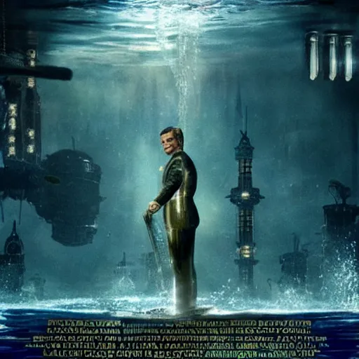 Image similar to movie poster depicting andrew ryan, portrayed by leonardo dicaprio, in a new live - action bioshock movie, the underwater city of rapture is also present, highly detailed face