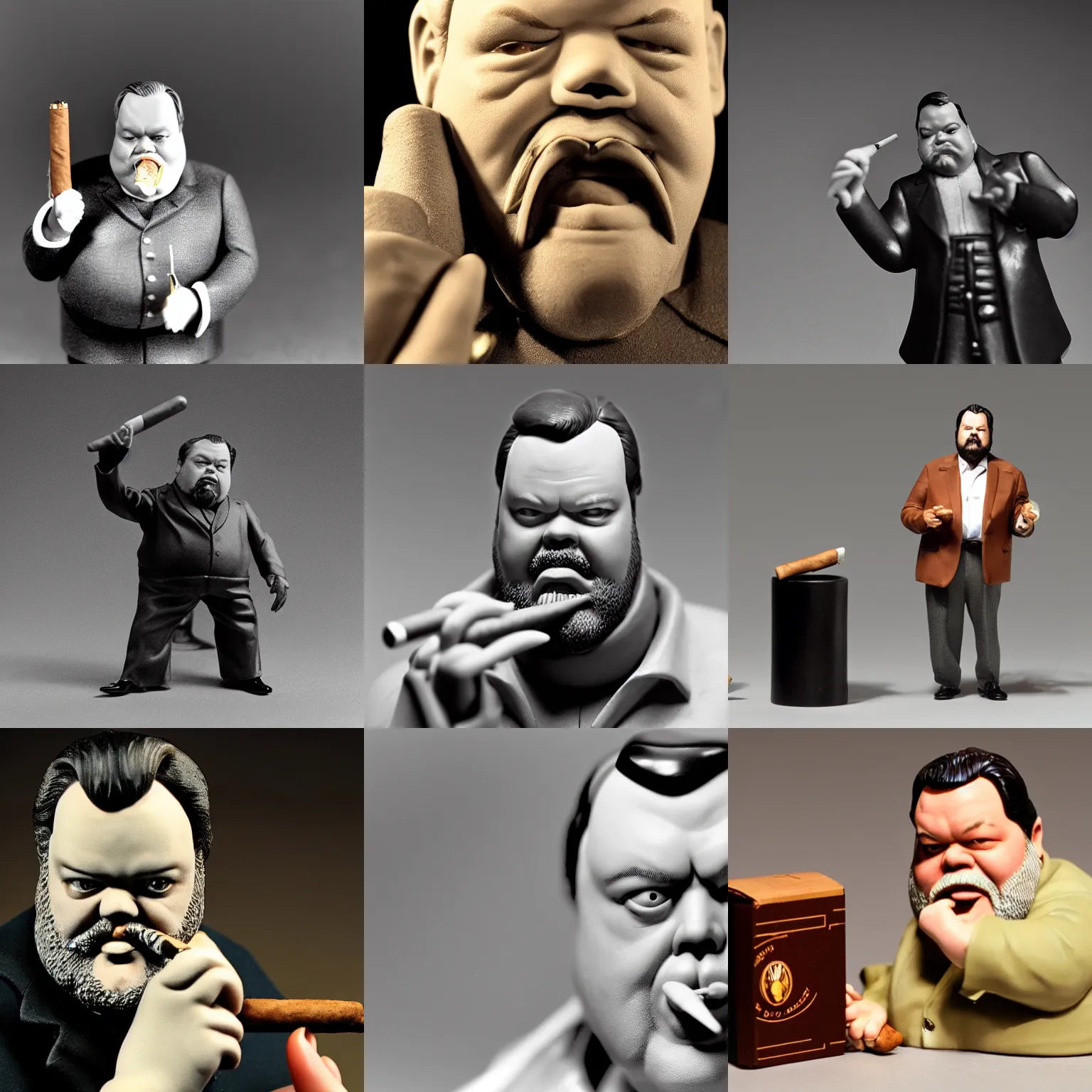 Prompt: the late orson welles action figure, fat, smoking a cigar in mouth, 3 5 mm photograph, product studio lighting