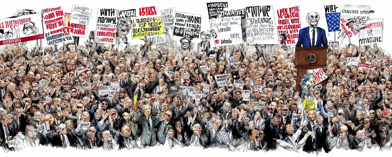 Image similar to an political caricature of politician at a podium surrounded by a crowd of angry protestors with signs, by gerald scarf and ralph steadman, illustration, ink drips, front angle, ink splatters, pen and ink, flat color, drawing, facing front, anatomically correct, beautiful perfect face, sharp focus, highly detailed, cinematic lighting, 8 k, hd