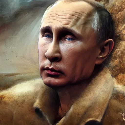 Image similar to Putin is sad in his cave, oil painting, by Ron Haviv, oil on canvas, highly detailed, matte painting, CGsociety, concept art, smooth, in focus, intricate, 8k