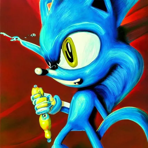 Prompt: a distorted, surrealist painting of Sonic the Hedgehog in the style of Salvador Dali