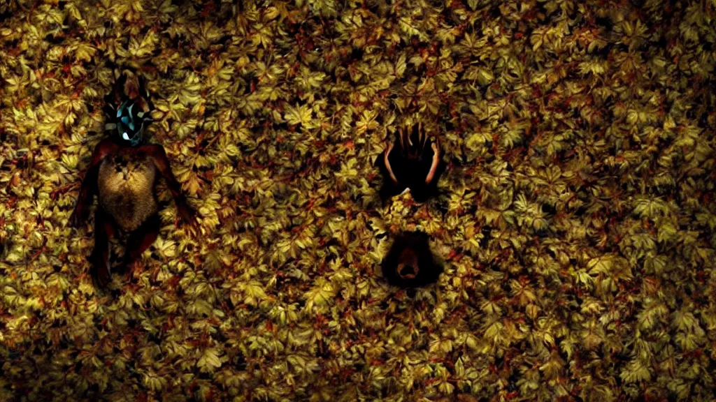 Prompt: the strange creature on the ceiling, made of and leaves and wax, film still from the movie directed by Denis Villeneuve with art direction by Salvador Dalí, wide lens