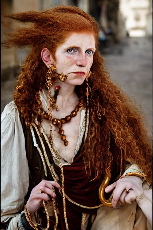 Image similar to Beautiful 19th Century Barbary Coast pirate female model with amazing Ginger hair and Golden hooped earrings photography by Steve McCurry