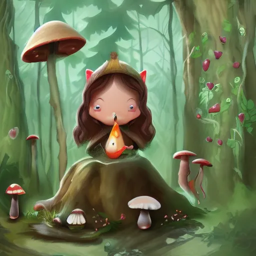 Image similar to cute forest witch gathering mushrooms, digital 2d, art direction, artstation