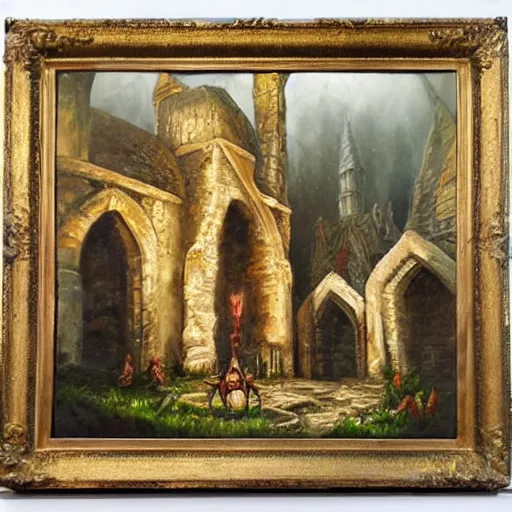 Image similar to Firelink Shrine, oil on canvas, extremely detailed,