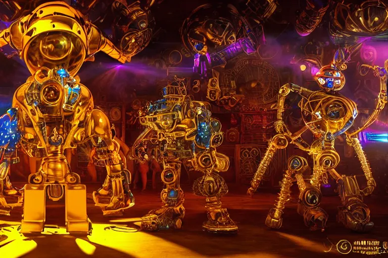 Image similar to scene is la troya party in amnesia in ibiza, portrait photo of a giant huge golden and blue metal steampunk robot, with futuristic gears and tubes, eyes are glowing red lightbulbs, shiny crisp finish, 3 d render, 8 k, insaneley detailed, fluorescent colors, haluzinogetic, background is multicolored lasershow