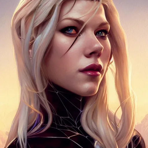 Image similar to beautiful Katheryn Winnick as Spider-Gwen, western, closeup, D&D, fantasy, intricate, elegant, highly detailed, digital painting, artstation, concept art, matte, sharp focus, illustration, art by Artgerm and Greg Rutkowski and Alphonse Mucha