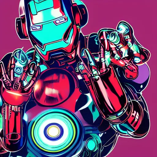 Image similar to artgerm, psychedelic laughing cybertronic ironman, rocking out, headphones dj rave, digital artwork, r. crumb, svg vector