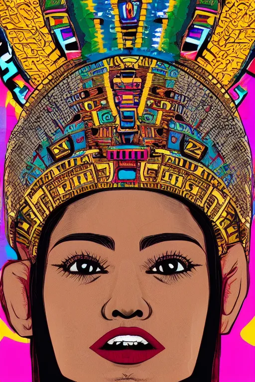 Prompt: close up portrait of a beautiful aztec queen with elaborate head dress by jamie hewlett, jamie hewlett art, full body character concept art, vaporwave colors,