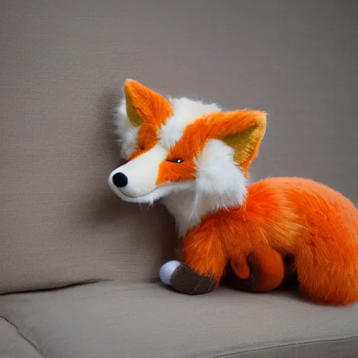 Image similar to Photorealistic furry orange exhausted Fox as a stuffed animal