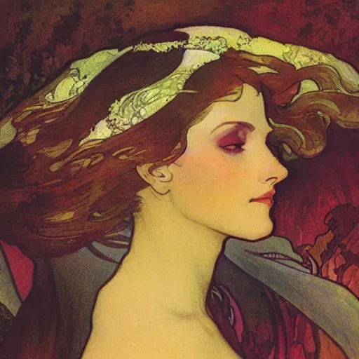 Image similar to woman's sideface, beautiful background, by alfons maria mucha, highly detailded