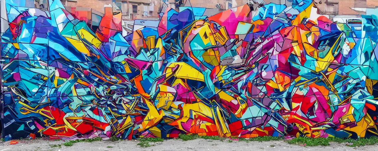 Image similar to a mural by loomit in street art style, graffiti painting, hyperdetailed, colorful, 3 d, perspective, dynamic, plastic, complex, intricate