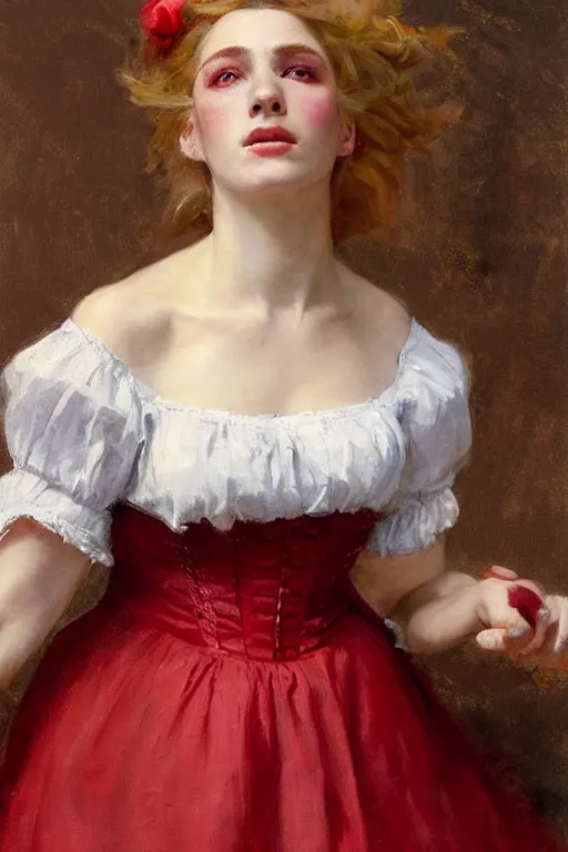 Image similar to no hands. Solomon Joseph Solomon and Richard Schmid and Jeremy Lipking victorian genre painting full length portrait painting of a young beautiful woman traditional german french actress model pirate wench in fantasy costume, red background