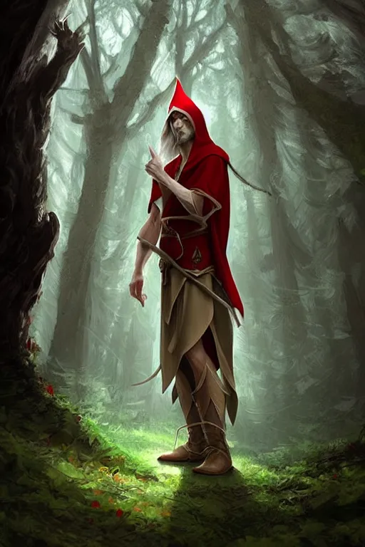 Prompt: beautiful, digital art, male elf wizard, wearing linen hooded cloth. forest background. artstation, by bartek fedyczak, erak note, tooth wu, neil richards, kan liu, siwoo kim, jisu choe