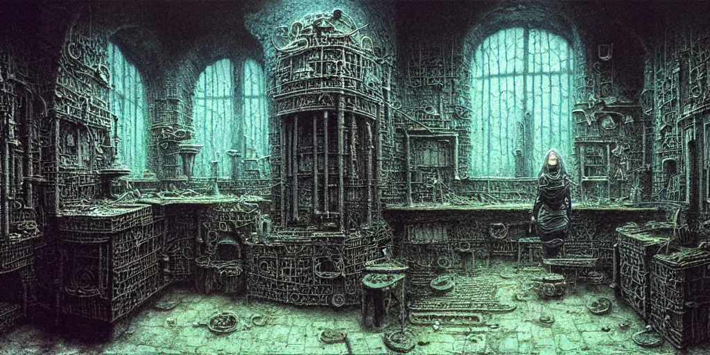 Prompt: detailed laboratory of alchemist and dark mage, room of necromancer by Beksinski, Luis Royo