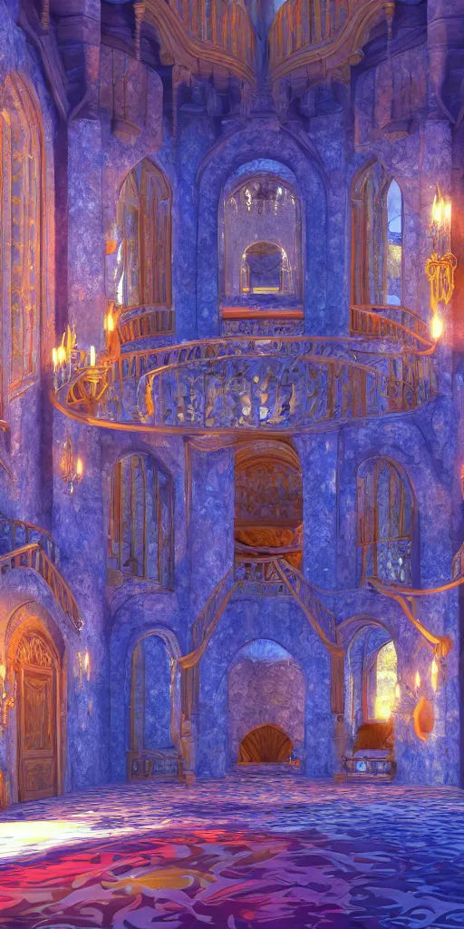 Prompt: lavish interior of magical castle interior, deep blue purple and orange, rendering, digital artwork, ray tracing