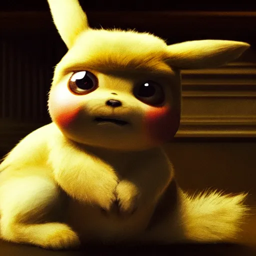 Prompt: a caravaggio artwork film still of detective pikachu, artwork by caravaggio