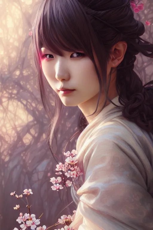 Image similar to Portrait of japanese gyaru, D&D, dark fantasy, sakura blooming on background, intricate, elegant, highly detailed, digital painting, artstation, concept art, smooth, sharp focus, illustration, art by artgerm and greg rutkowski and alphonse mucha