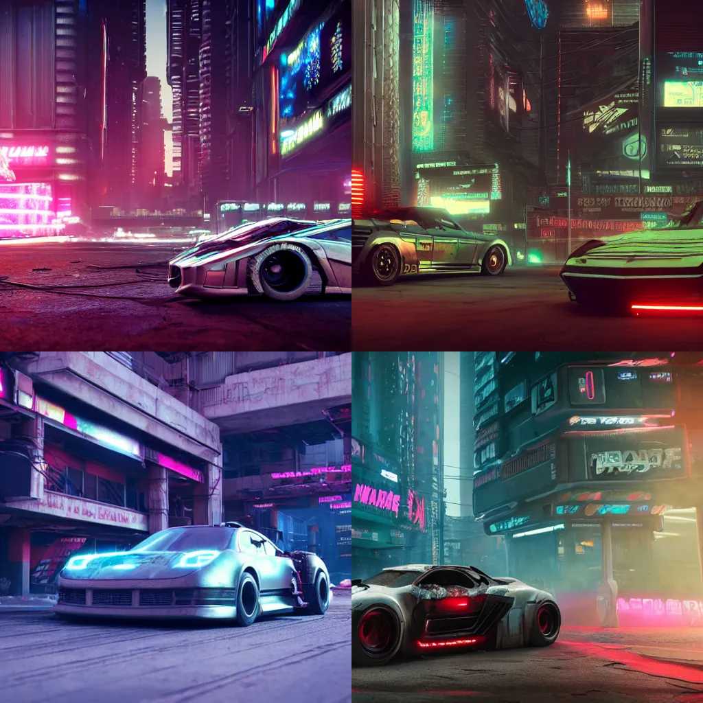 Prompt: realistic render car, in cyberpunk style, on the background dark cyberpunk neon city by Neill Blomkamp octane render 8k