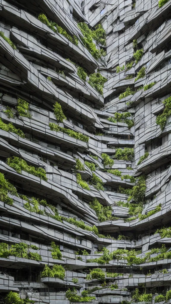 Prompt: photo in style of andreas gursky and piranesi. biopunk timber futuristic building in a urban setting. hyper realistic. cloudy morning. mossy buildings have deep tall balconies with plants, trees, and 1 0 men and women in bright clothing. thin random columns, large windows with people, deep overhangs. 8 k, volumetric lighting.