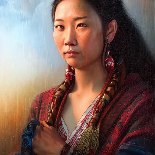 Prompt: portrait of an amis pangcah woman ( 3 5 ) from taiwan in 2 0 2 1, an oil painting by ross tran and thomas kincade