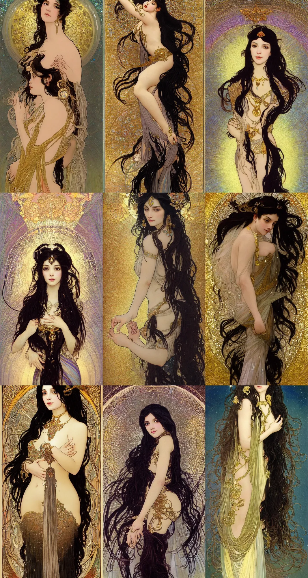 Prompt: Portrait of a goddess with long black hair, diaphanous iridescent silks, intricate gold and crystal jewelry, gemstones, volumetric fog, glittery glowing dust, by WLOP!, by Alphonse Mucha!!, by Nebezial!!!!!!!!, highly detailed, Fantasy, smooth, sharp focus, high contrast cinematic lighting, God rays, harsh rim light, rendered in Arnold, rendered in Octane, trending on artstation, CGSociety,