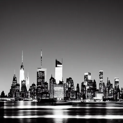 Image similar to minimalist black and white photograph of the new york skyline, time exposure