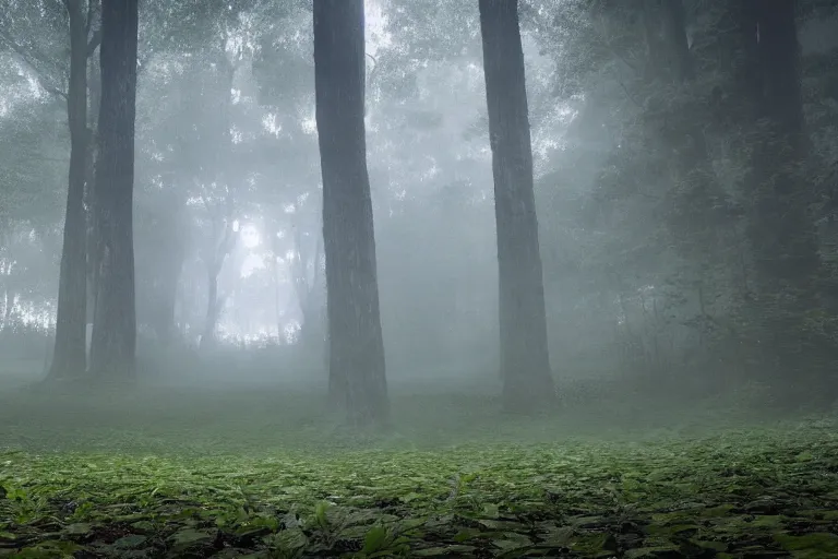 Prompt: a tourist visiting a complex organic fractal 3 d ceramic spheric megastructure floating in a lush forest, foggy, cinematic shot, photo still from movie by denis villeneuve