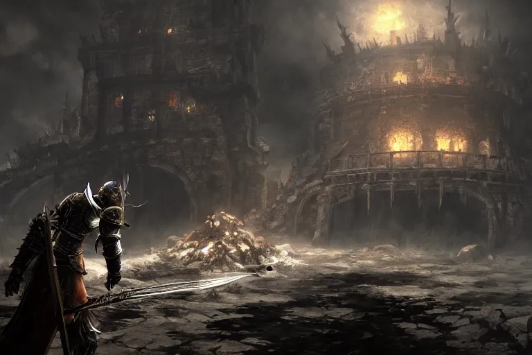 Image similar to collaborative environment concept art by Feng Zhu and Hidetaka Miyazaki, in the style of Dark Souls