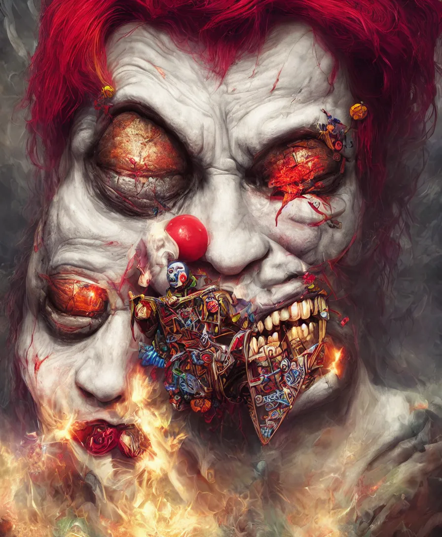 Prompt: death circus Clown, high detail, deviantart, artstation, octane render, cinematic, hyper realism, 8k, depth of field, artstation, concept art, illustration, vibrant colors, by Tristan Eaton Stanley Artgerm and Tom Bagshaw