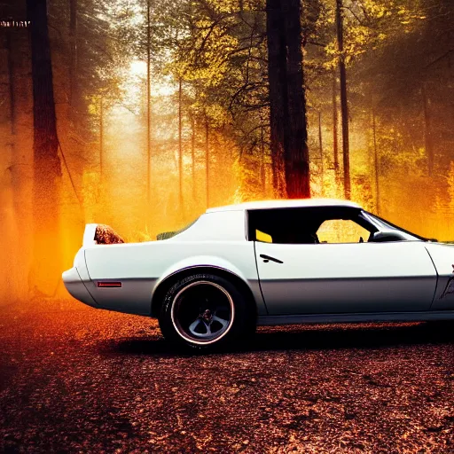 Prompt: pontiac firebird with angelic wings, dramatic, cinematic, forest, volumetric lighting