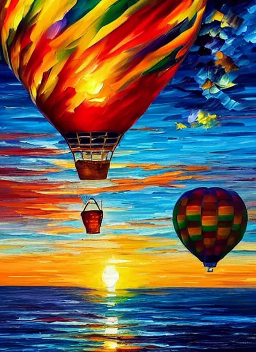 Image similar to beautiful hot air balloons over the ocean at sunset in the style of leonid afremov