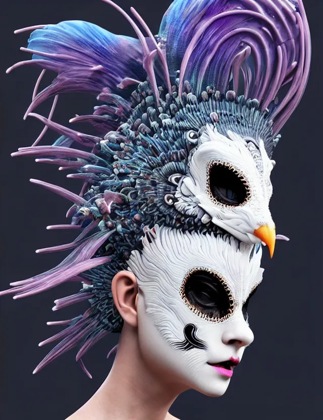 Image similar to 3 d goddess close - up profile simple portrait punk with mohawk with ram skull. beautiful intricately detailed japanese crow kitsune mask and clasical japanese kimono. betta fish, jellyfish phoenix, bio luminescent, plasma, ice, water, wind, creature, artwork by tooth wu and wlop and beeple and greg rutkowski