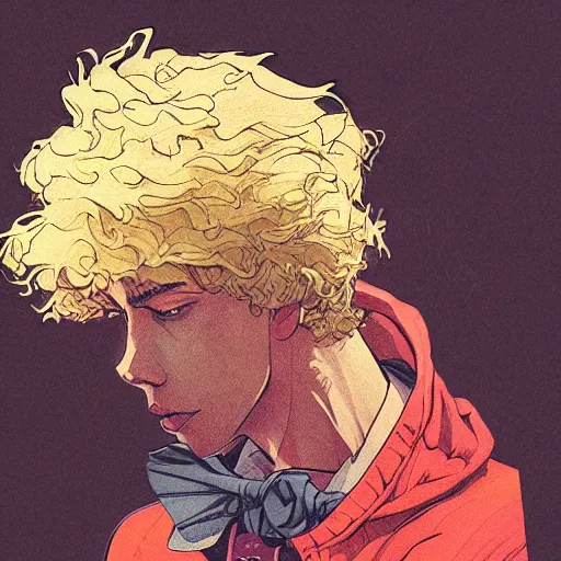 Prompt: a light - skinned man with curly blonde hair, illustration, graphic novel, graphite, marker art, crayon, paint, comic book, warm color palette, electric colors, tonal colors, 2 d, 8 k, natural lighting, amoled, moody lighting, diffraction grading, cel shading : : katsuhiro otomo