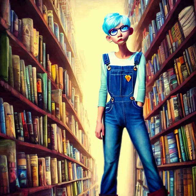 Image similar to full body pose, beautiful adult book fairy, pixar, short white hair shaved sides, dirty, grungy, grunge, long sleeve, painted overalls, stacks of giant books, highly detailed, 4 k, hdr, smooth, sharp focus, high resolution, award - winning photo, artgerm, photorealistic