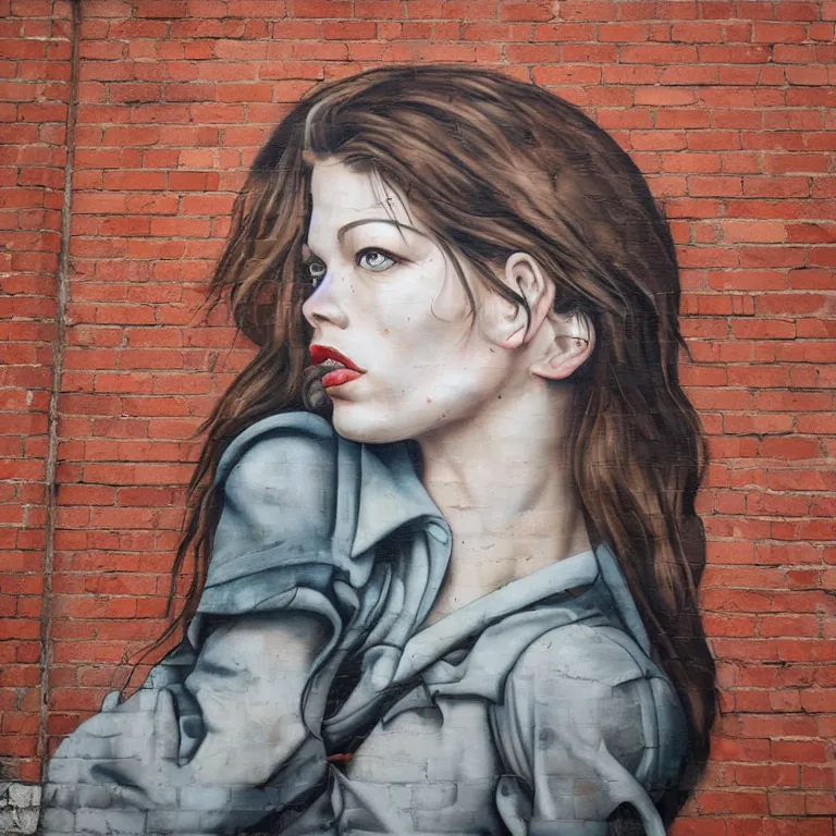Prompt: Street-art portrait of Milica Bogdanivna Jovovich on the red brick wall in style of Etam Cru, photorealism