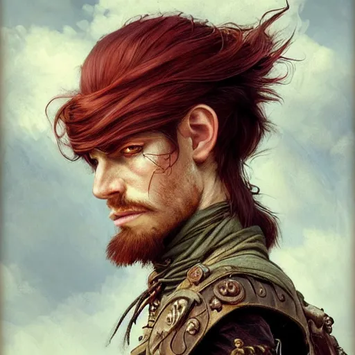 Image similar to portrait of a young rugged pirate, male, handsome, masculine, full body, red hair, long hair, d & d, fantasy, intricate, elegant, highly detailed, steampunk, airship, digital painting, artstation, concept art, matte, sharp focus, illustration, art by artgerm and greg rutkowski and alphonse mucha