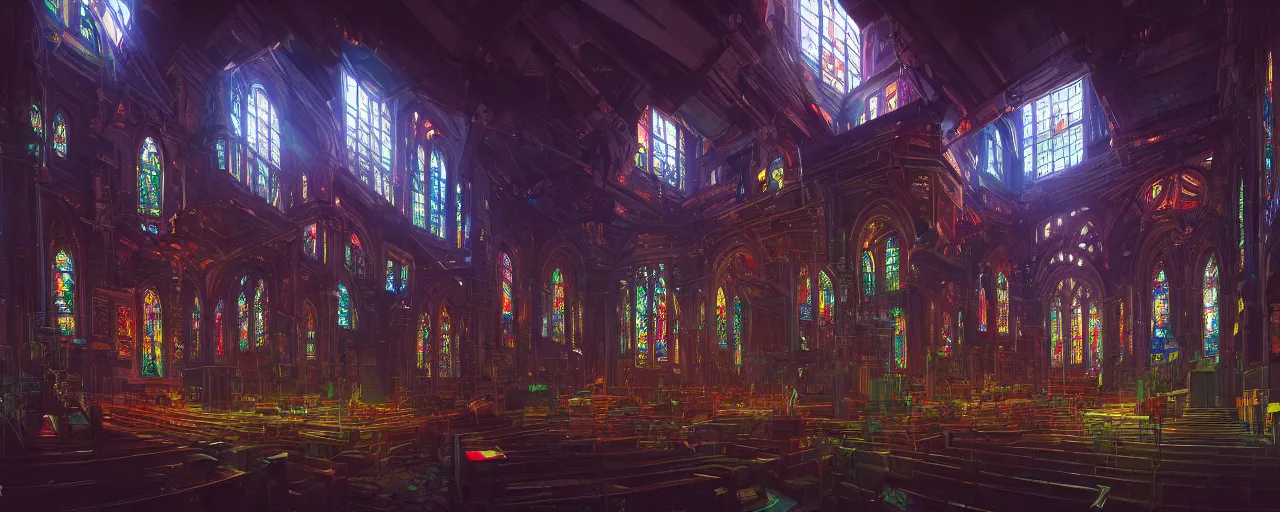 Image similar to A cyberpunk church, by Naomi Okubo, landscape, dramatic lighting, high contrast colors, panoramic view, as trending on Artstation, highly detailed,