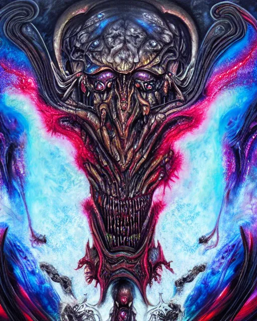 Image similar to charred bloody fleshmetal cyborg daemonhost psychedelic rainbow flamer of tzeentch, by antonio j. manzanedo, giger, alex grey, android jones, wayne barlowe, philippe druillet, raymond swanland, cyril rolando, josephine wall, harumi hironaka, cronenburg, trending on artstation