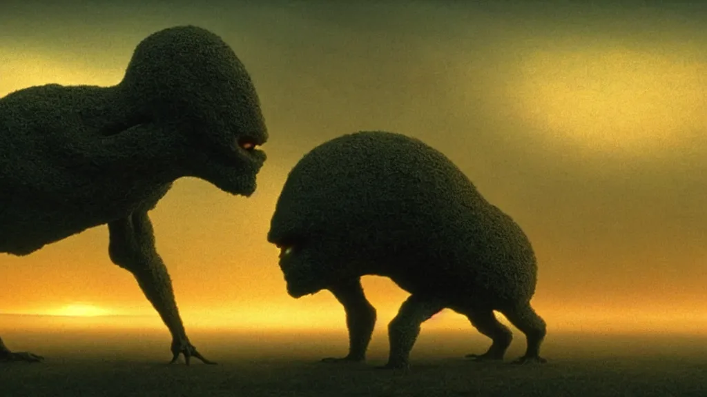 Image similar to a weird creature often, film still from the movie directed by Denis Villeneuve with art direction by Zdzisław Beksiński, golden hour