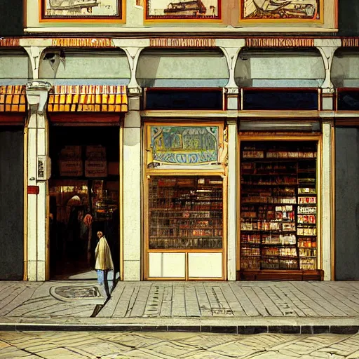 Prompt: a convenience store of portugal lisbon on the street, art by Greg Rutkowski, highly logical and striking detailed architecture by alphonse mucha