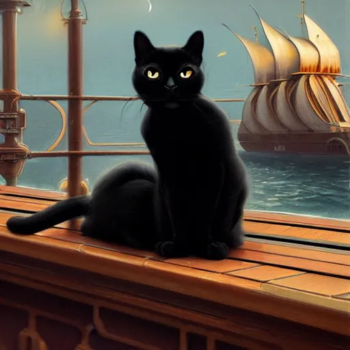 Image similar to beautiful black cat sitting on ship deck, naval background, fantasy, highly detailed, digital painting, artstation, concept art, smooth, sharp focus, illustration, art by artgerm and greg rutkowski and alphonse mucha